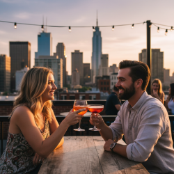 Best Hookup Sites in Australia Couple enjoying cocktails at a rooftop bar in Australia - best hookup sites