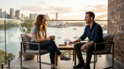 Australian couple in their late twenties at golden hour on a Sydney apartment balcony having a relaxed conversation, illustrating a casual friends with benefits dynamic