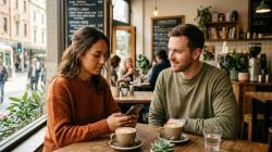 Australian couple in a cafe sharing a thoughtful moment over coffee, depicting subtle emotions in a friends with benefits relationship