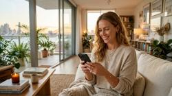 Confident Australian woman smiling while reading a phone in a sunlit Sydney apartment at golden hour