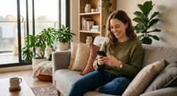 Woman smiling while texting her friend with benefits on her phone in a cosy Australian apartment
